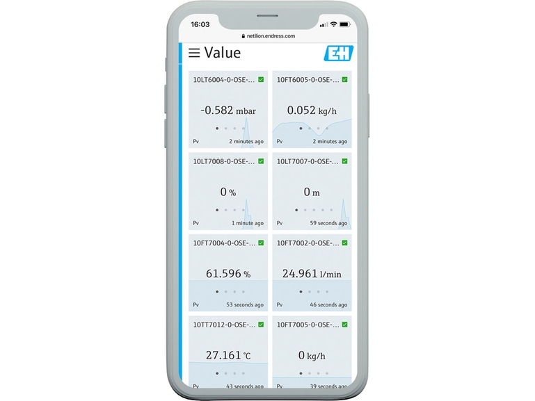 Netilion Value: zrzut ekranu mobilnego interfejsu usługi monitorowania danych opartej na IIoT