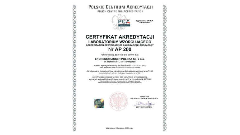 Certyfikat akredytacji PCA dla Endress+Hauser Polska