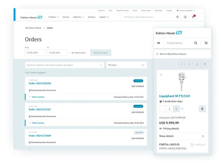 Moje funkcje transakcji/e-commerce Endress+Hauser