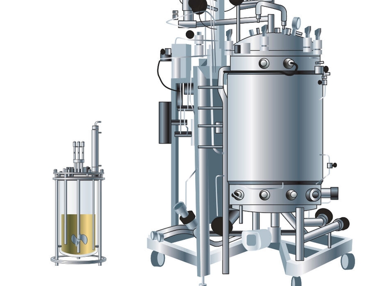 Bioreaktor do rozwoju procesów i bioreaktor produkcyjny dla branży life science Ilustracje przedstawiające bioreaktor w skali rozwoju procesu i bioreaktor w skali produkcyjnej